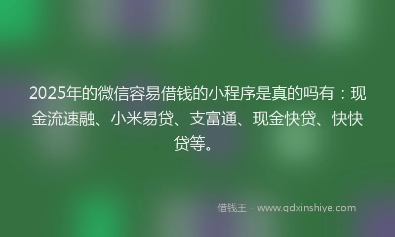2025年的微信容易借钱的小程序是真的吗有：现金流速融、小米易贷、支富通、现金快贷、快快贷等。