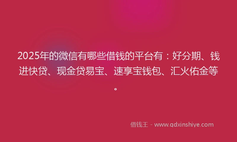 2025年的微信有哪些借钱的平台有：好分期、钱进快贷、现金贷易宝、速享宝钱包、汇火佑金等。