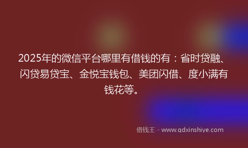 2025年的微信平台哪里有借钱的有：省时贷融、闪贷易贷宝、金悦宝钱包、美团闪借、度小满有钱花等。