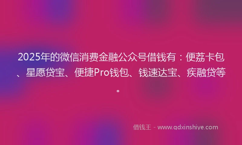2025年的微信消费金融公众号借钱有：便荔卡包、星愿贷宝、便捷Pro钱包、钱速达宝、疾融贷等。