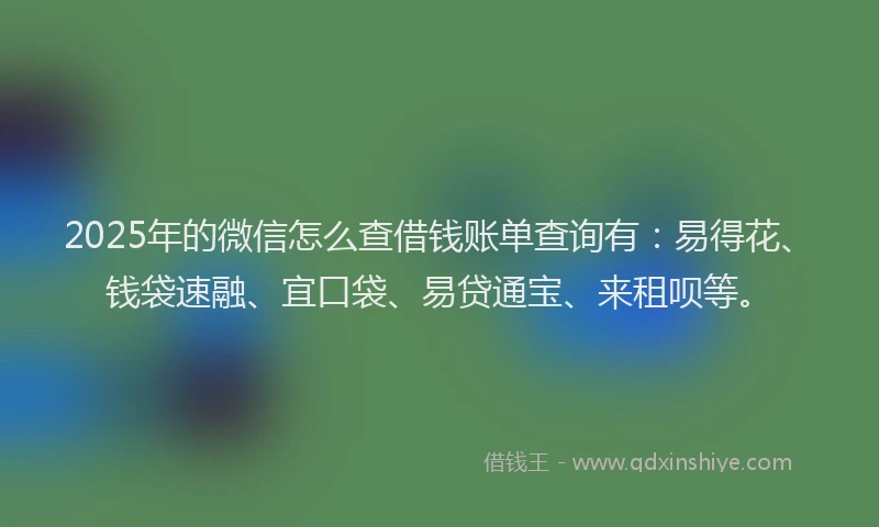 2025年的微信怎么查借钱账单查询有：易得花、钱袋速融、宜口袋、易贷通宝、来租呗等。