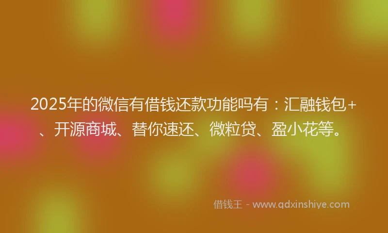 2025年的微信有借钱还款功能吗有：汇融钱包+、开源商城、替你速还、微粒贷、盈小花等。