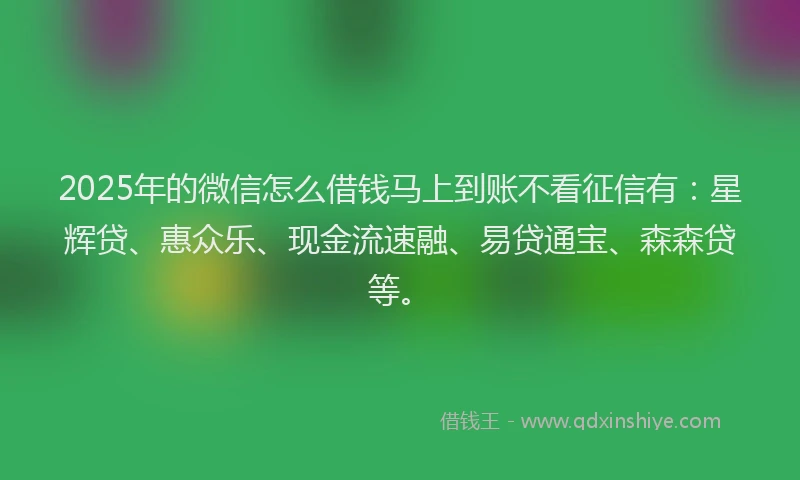 2025年的微信怎么借钱马上到账不看征信有：星辉贷、惠众乐、现金流速融、易贷通宝、森森贷等。
