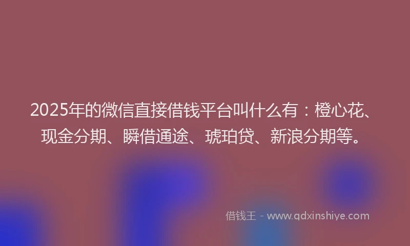 2025年的微信直接借钱平台叫什么有：橙心花、现金分期、瞬借通途、琥珀贷、新浪分期等。