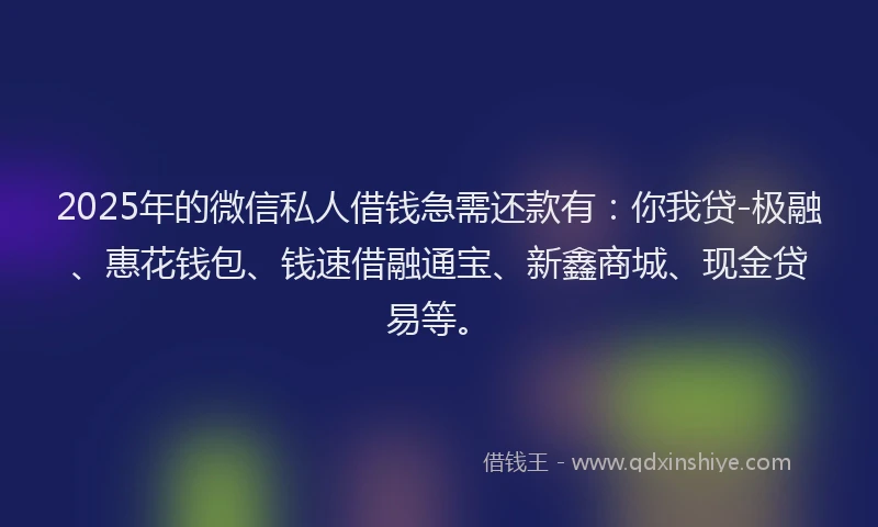 2025年的微信私人借钱急需还款有：你我贷-极融、惠花钱包、钱速借融通宝、新鑫商城、现金贷易等。