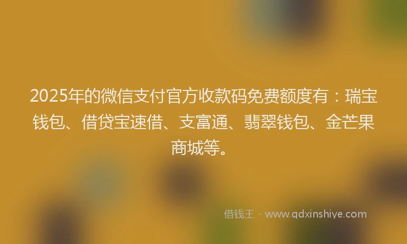 2025年的微信支付官方收款码免费额度有：瑞宝钱包、借贷宝速借、支富通、翡翠钱包、金芒果商城等。
