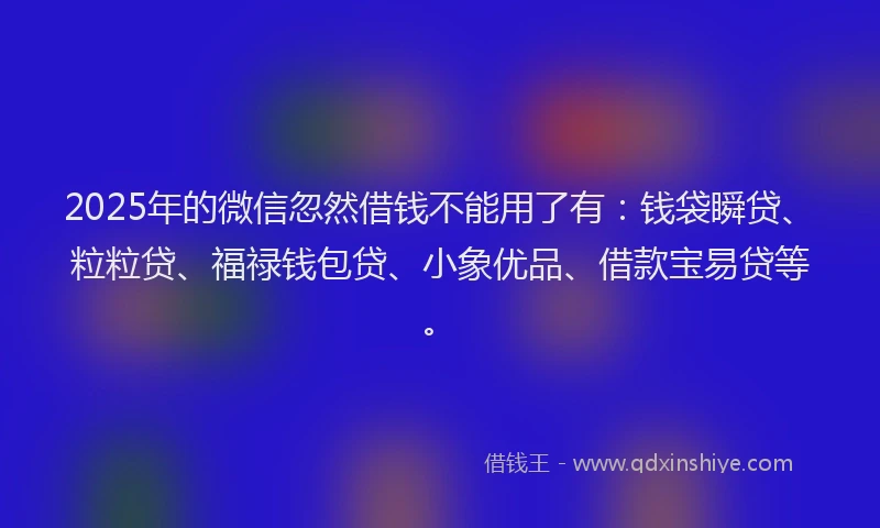 2025年的微信忽然借钱不能用了有：钱袋瞬贷、粒粒贷、福禄钱包贷、小象优品、借款宝易贷等。