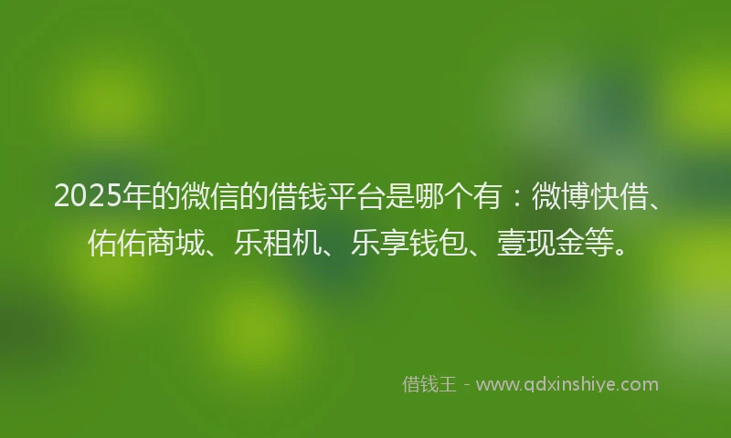 2025年的微信的借钱平台是哪个有：微博快借、佑佑商城、乐租机、乐享钱包、壹现金等。