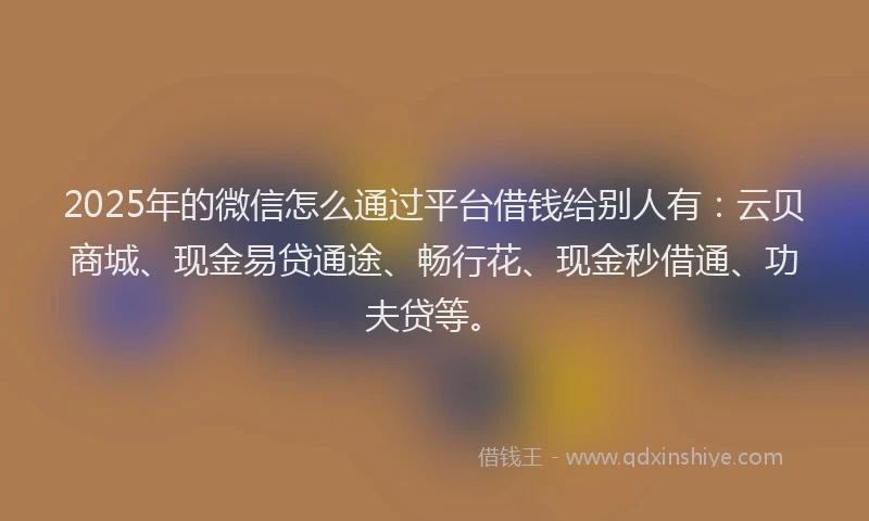2025年的微信怎么通过平台借钱给别人有：云贝商城、现金易贷通途、畅行花、现金秒借通、功夫贷等。