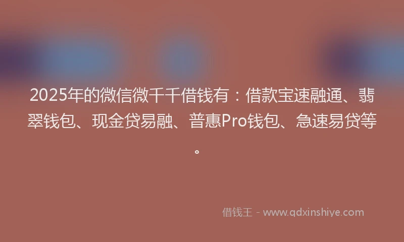 2025年的微信微千千借钱有：借款宝速融通、翡翠钱包、现金贷易融、普惠Pro钱包、急速易贷等。