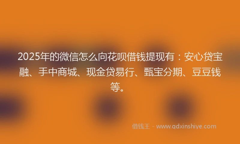 2025年的微信怎么向花呗借钱提现有：安心贷宝融、手中商城、现金贷易行、甄宝分期、豆豆钱等。