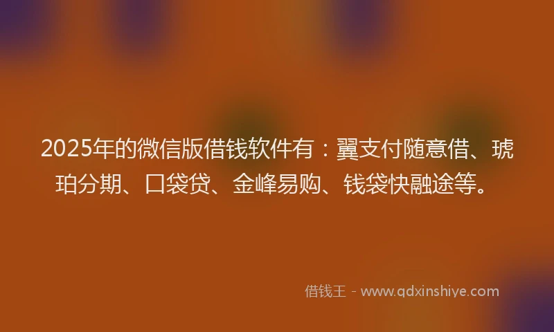 2025年的微信版借钱软件有：翼支付随意借、琥珀分期、口袋贷、金峰易购、钱袋快融途等。