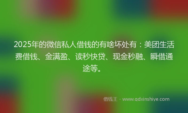 2025年的微信私人借钱的有啥坏处有：美团生活费借钱、金满盈、读秒快贷、现金秒融、瞬借通途等。