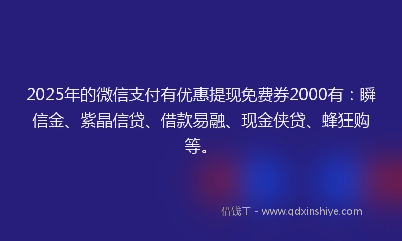 2025年的微信支付有优惠提现免费券2000有：瞬信金、紫晶信贷、借款易融、现金侠贷、蜂狂购等。