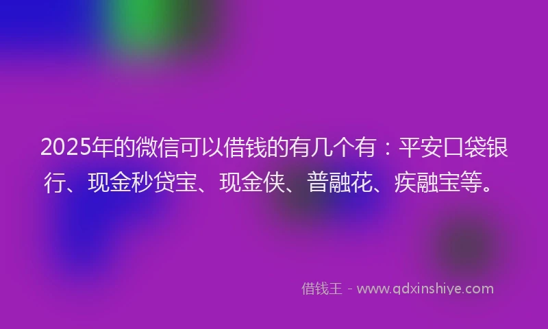 2025年的微信可以借钱的有几个有：平安口袋银行、现金秒贷宝、现金侠、普融花、疾融宝等。