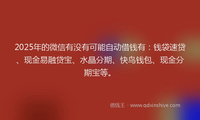 2025年的微信有没有可能自动借钱有：钱袋速贷、现金易融贷宝、水晶分期、快鸟钱包、现金分期宝等。