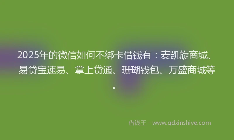 2025年的微信如何不绑卡借钱有：麦凯旋商城、易贷宝速易、掌上贷通、珊瑚钱包、万盛商城等。