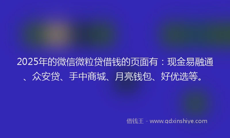 2025年的微信微粒贷借钱的页面有：现金易融通、众安贷、手中商城、月亮钱包、好优选等。