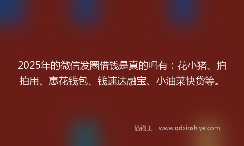 2025年的微信发圈借钱是真的吗有：花小猪、拍拍用、惠花钱包、钱速达融宝、小油菜快贷等。
