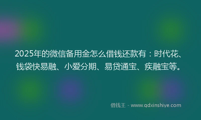 2025年的微信备用金怎么借钱还款有：时代花、钱袋快易融、小爱分期、易贷通宝、疾融宝等。