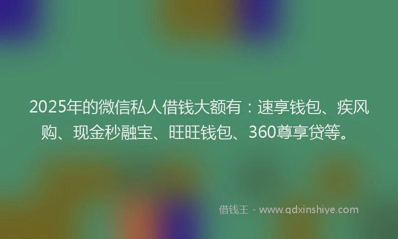 2025年的微信私人借钱大额有：速享钱包、疾风购、现金秒融宝、旺旺钱包、360尊享贷等。