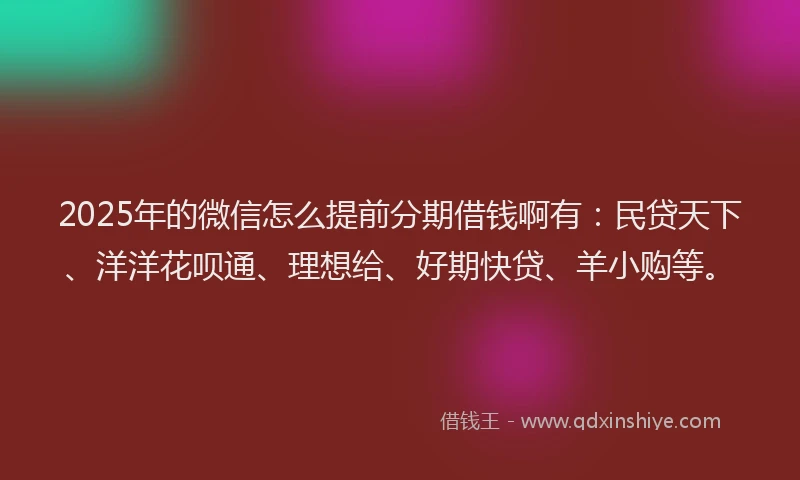 2025年的微信怎么提前分期借钱啊有：民贷天下、洋洋花呗通、理想给、好期快贷、羊小购等。