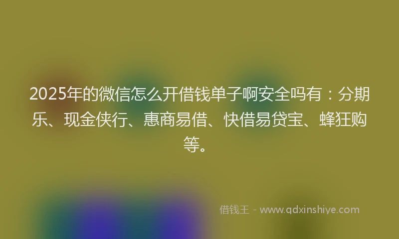 2025年的微信怎么开借钱单子啊安全吗有：分期乐、现金侠行、惠商易借、快借易贷宝、蜂狂购等。