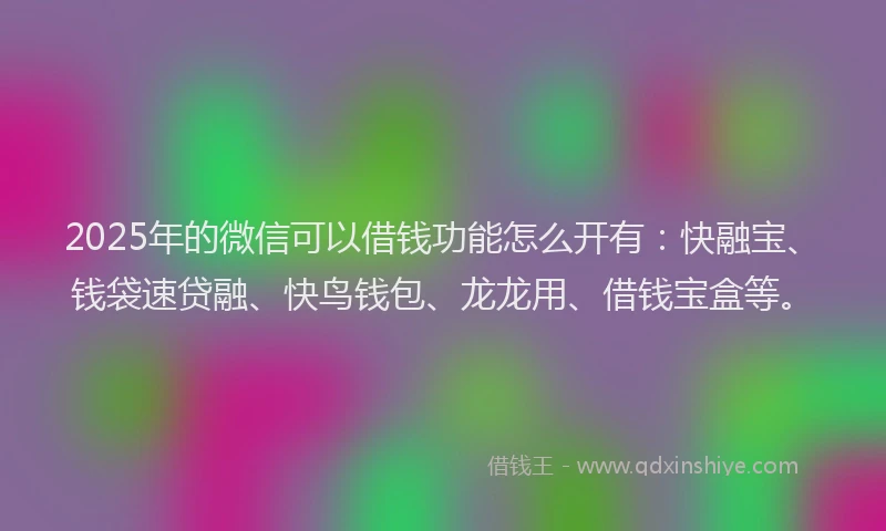 2025年的微信可以借钱功能怎么开有：快融宝、钱袋速贷融、快鸟钱包、龙龙用、借钱宝盒等。