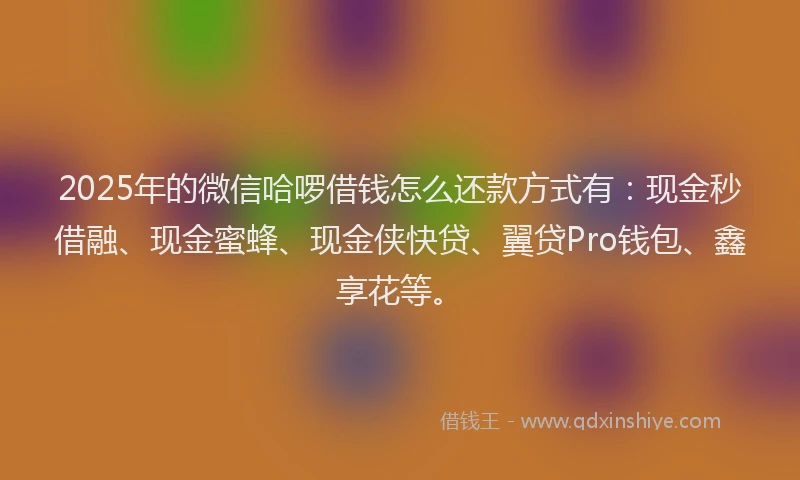 2025年的微信哈啰借钱怎么还款方式有：现金秒借融、现金蜜蜂、现金侠快贷、翼贷Pro钱包、鑫享花等。