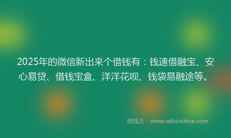 2025年的微信新出来个借钱有：钱速借融宝、安心易贷、借钱宝盒、洋洋花呗、钱袋易融途等。