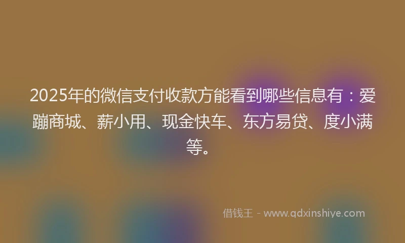 2025年的微信支付收款方能看到哪些信息有：爱蹦商城、薪小用、现金快车、东方易贷、度小满等。