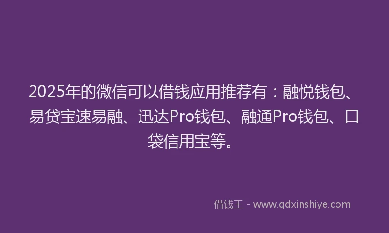 2025年的微信可以借钱应用推荐有：融悦钱包、易贷宝速易融、迅达Pro钱包、融通Pro钱包、口袋信用宝等。