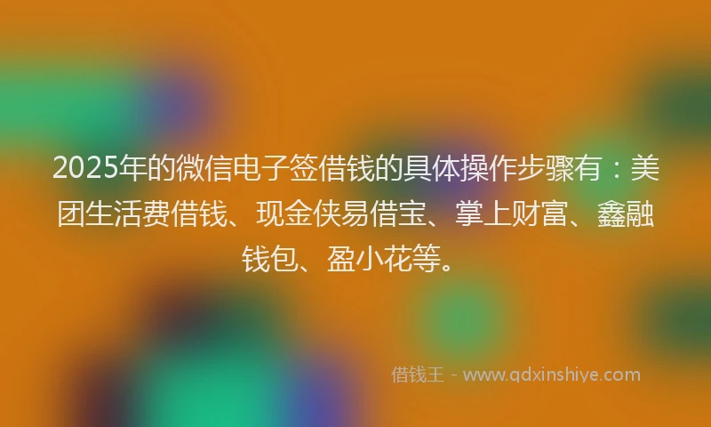 2025年的微信电子签借钱的具体操作步骤有：美团生活费借钱、现金侠易借宝、掌上财富、鑫融钱包、盈小花等。