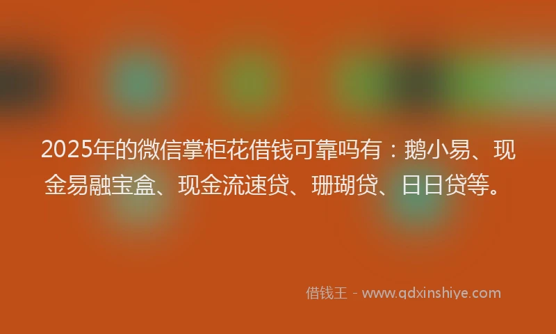 2025年的微信掌柜花借钱可靠吗有：鹅小易、现金易融宝盒、现金流速贷、珊瑚贷、日日贷等。