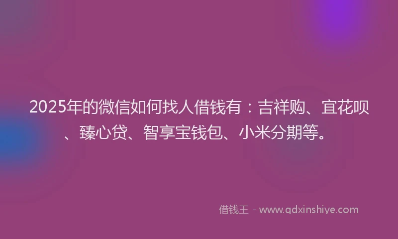 2025年的微信如何找人借钱有：吉祥购、宜花呗、臻心贷、智享宝钱包、小米分期等。