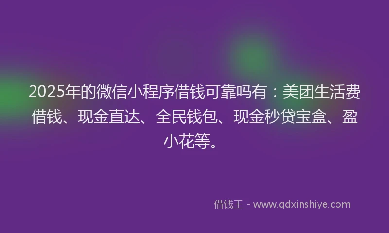 2025年的微信小程序借钱可靠吗有：美团生活费借钱、现金直达、全民钱包、现金秒贷宝盒、盈小花等。