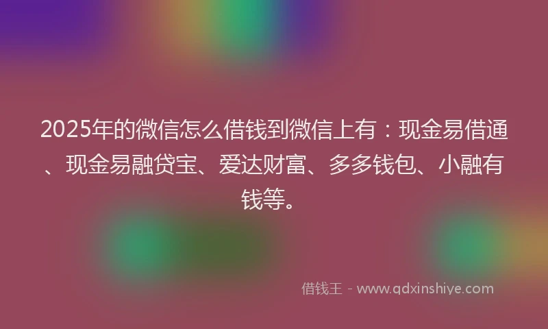 2025年的微信怎么借钱到微信上有：现金易借通、现金易融贷宝、爱达财富、多多钱包、小融有钱等。