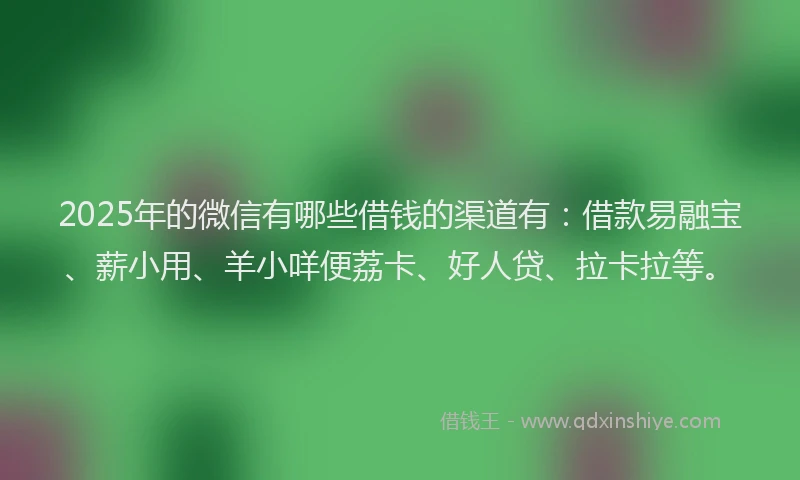 2025年的微信有哪些借钱的渠道有：借款易融宝、薪小用、羊小咩便荔卡、好人贷、拉卡拉等。