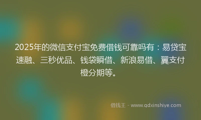2025年的微信支付宝免费借钱可靠吗有：易贷宝速融、三秒优品、钱袋瞬借、新浪易借、翼支付橙分期等。