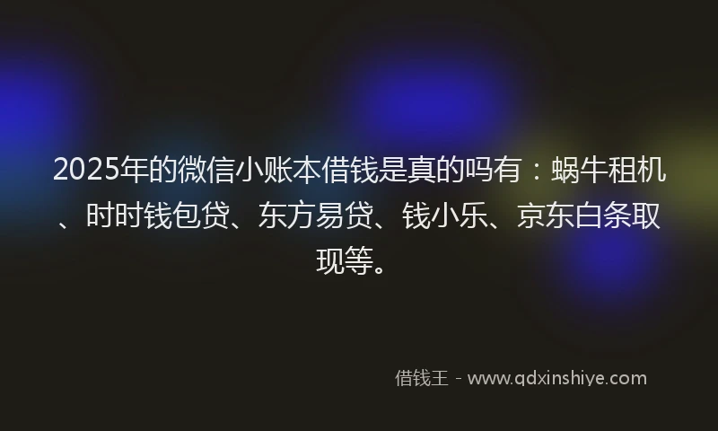 2025年的微信小账本借钱是真的吗有：蜗牛租机、时时钱包贷、东方易贷、钱小乐、京东白条取现等。