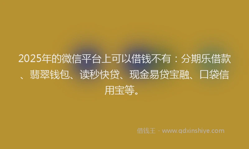 2025年的微信平台上可以借钱不有：分期乐借款、翡翠钱包、读秒快贷、现金易贷宝融、口袋信用宝等。
