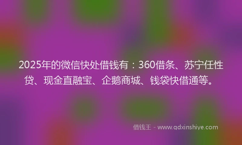 2025年的微信快处借钱有：360借条、苏宁任性贷、现金直融宝、企鹅商城、钱袋快借通等。