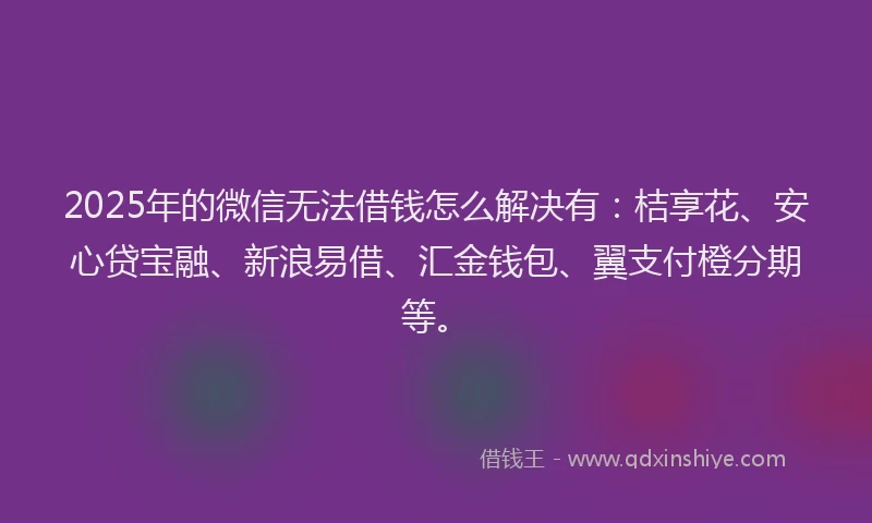 2025年的微信无法借钱怎么解决有：桔享花、安心贷宝融、新浪易借、汇金钱包、翼支付橙分期等。