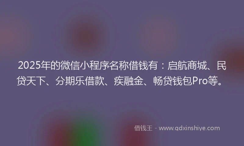 2025年的微信小程序名称借钱有：启航商城、民贷天下、分期乐借款、疾融金、畅贷钱包Pro等。