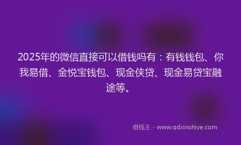2025年的微信直接可以借钱吗有：有钱钱包、你我易借、金悦宝钱包、现金侠贷、现金易贷宝融途等。