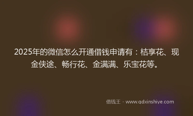 2025年的微信怎么开通借钱申请有：桔享花、现金侠途、畅行花、金满满、乐宝花等。