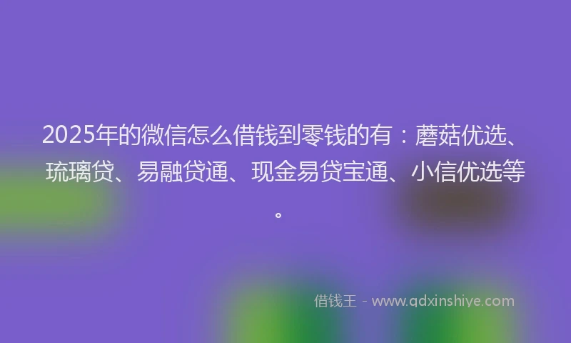 2025年的微信怎么借钱到零钱的有：蘑菇优选、琉璃贷、易融贷通、现金易贷宝通、小信优选等。