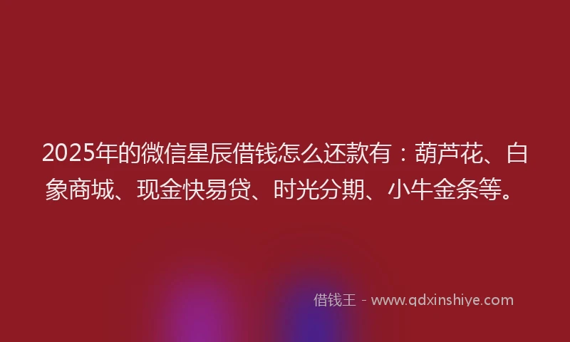 2025年的微信星辰借钱怎么还款有：葫芦花、白象商城、现金快易贷、时光分期、小牛金条等。