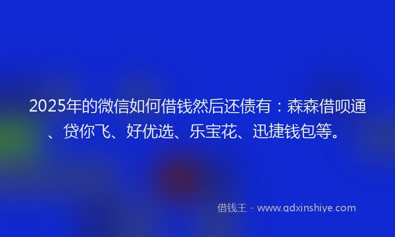 2025年的微信如何借钱然后还债有：森森借呗通、贷你飞、好优选、乐宝花、迅捷钱包等。