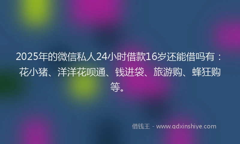 2025年的微信私人24小时借款16岁还能借吗有：花小猪、洋洋花呗通、钱进袋、旅游购、蜂狂购等。
